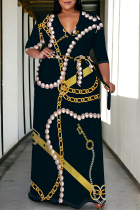 Black Casual Daily Floral Print Chain print Lace Up V Neck Printed Plus Size Dresses