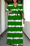 Orange Casual Daily Striped Print Lace Up Contrast V Neck Printed Plus Size Dresses