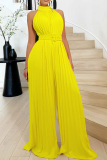 Khaki Celebrities Solid Color Patchwork With Belt Pleated O Neck Loose Jumpsuits