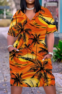 Orange Casual Vacation Tropical Print Pocket V Neck Printed Plus Size Dresses