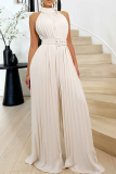 Khaki Celebrities Solid Color Patchwork With Belt Pleated O Neck Loose Jumpsuits