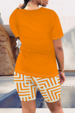 Orange Casual Daily Geometric Print Letter Print Contrast O Neck Short Sleeve Two Pieces