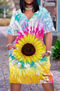 Multi-color Casual Daily Plants Print Pocket V Neck Printed Plus Size Dresses