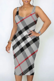 Grey Sexy Plaid Print Contrast U Neck Printed Dresses
