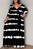 Orange Casual Daily Striped Print Lace Up Contrast V Neck Printed Plus Size Dresses