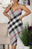 Grey Sexy Plaid Print Contrast U Neck Printed Dresses