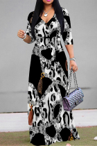 Black And White Casual Street Leopard Print Zebra Print Chain print Lace Up Contrast V Neck Printed Dresses