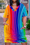 Rainbow Color Casual Street Ombre Rainbow Print Pocket Contrast V Neck Printed Plus Size Dresses