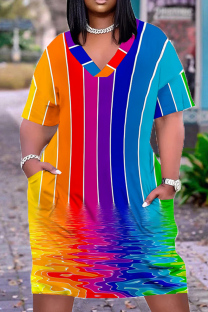 Rainbow Color Casual Street Ombre Rainbow Print Pocket Contrast V Neck Printed Plus Size Dresses
