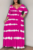 Orange Casual Daily Striped Print Lace Up Contrast V Neck Printed Plus Size Dresses