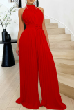 Khaki Celebrities Solid Color Patchwork With Belt Pleated O Neck Loose Jumpsuits