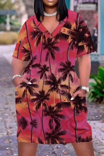 Rose Pink Casual Vacation Tropical Print Pocket V Neck Printed Plus Size Dresses