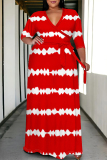 Orange Casual Daily Striped Print Lace Up Contrast V Neck Printed Plus Size Dresses