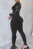 Apricot Casual Solid Color Pocket Patchwork Slit Zipper O Neck Skinny Jumpsuits