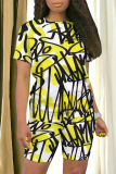 Colour Casual Street Graffiti Print Contrast O Neck Short Sleeve Two Pieces