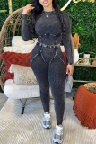 Black Casual Solid Color Patchwork O Neck Long Sleeve Two Pieces