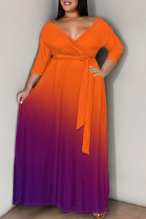 Orange Purple Casual Gradient Color Patchwork Strap Design V Neck Long Plus Size Dresses