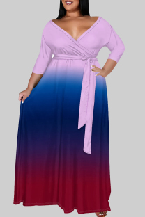 Powder Blue Casual Gradient Color Patchwork Strap Design V Neck Long Plus Size Dresses