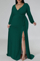 Dark Green Sexy Daily Solid Color Lace Up Slit V Neck Long Sleeve Plus Size Dresses