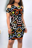 Colour Casual Geometric Print Graffiti Print Contrast O Neck Printed Dresses