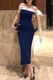 Tibetan Blue Celebrities Patchwork Slit Bow Decor Off Shoulder Long Dresses