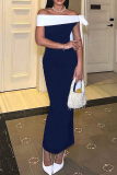 Tibetan Blue Celebrities Patchwork Slit Bow Decor Off Shoulder Long Dresses