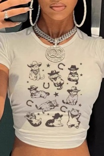 White Casual Print Basic O Neck T-Shirts