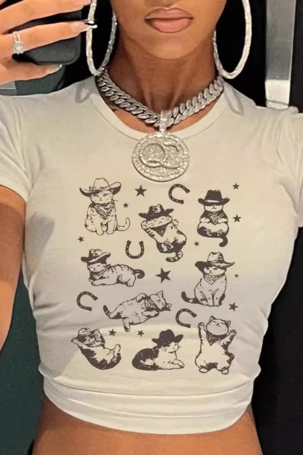 White Casual Print Basic O Neck T-Shirts