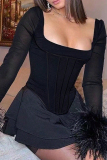 Black Sexy Solid Color Patchwork Backless Square Neck A Line Dresses