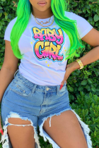 White Casual Street Letter Print O Neck T-Shirts