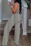 Apricot Casual Print Basic O Neck Sleeveless Two Pieces