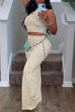 Apricot Casual Print Basic O Neck Sleeveless Two Pieces