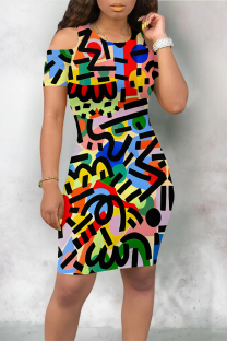 Colour Casual Geometric Print Graffiti Print Contrast O Neck Printed Dresses