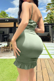 Green Street Solid Color Patchwork Backless Ruched Spaghetti Strap Sling Dresses