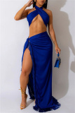 Blue Sexy Solid Color Fringed Trim Backless Slit Belted Strapless Sleeveless Two Pieces