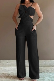 Black Sexy Solid Color Backless Belted Spaghetti Strap Bodycon Jumpsuits