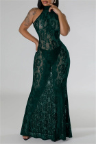 Green Sexy Solid Color See-Through Backless Halter Long Dresses