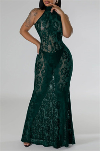 Green Sexy Solid Color See-Through Backless Halter Long Dresses