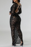 Black Sexy Solid Color Fringed Trim See-Through Belted V Neck Long Dresses