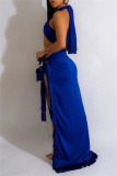 Blue Sexy Solid Color Fringed Trim Backless Slit Belted Strapless Sleeveless Two Pieces