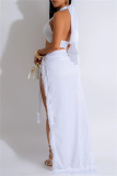 Blue Sexy Solid Color Fringed Trim Backless Slit Belted Strapless Sleeveless Two Pieces