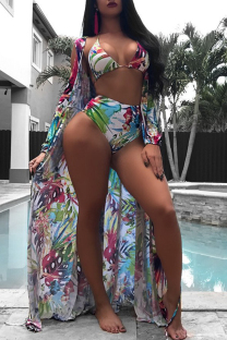 Green Sportswear Print Hollow Out Patchwork Strap Design 3 Piece Sets