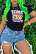 Black Casual Street Letter Print O Neck T-Shirts