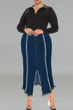 Deep Blue Street Solid Color Buttons Patchwork Slit Zipper Plus Size