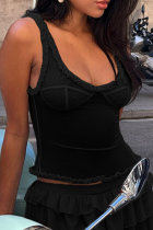 Black Sexy Solid Color Patchwork U Neck Tops