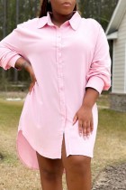 Pink Casual Solid Color Slit Turndown Collar Shirt Plus Size Dresses