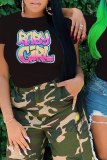 Black Casual Street Letter Print O Neck T-Shirts