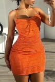 Orange Sexy Solid Color Backless Hot Drill Spaghetti Strap Wrapped Skirt Dresses
