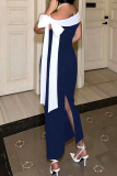 Tibetan Blue Celebrities Patchwork Slit Bow Decor Off Shoulder Long Dresses