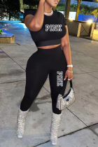 Black Casual Street Letter Print Contrast O Neck Short Sleeve Two Pieces